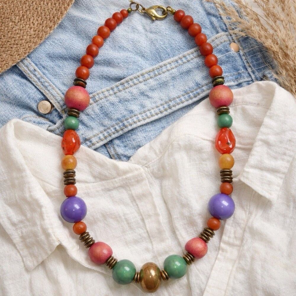 Multicolor Beaded Necklace Lucite Wood Brass Chunky Boho Statement Vintage